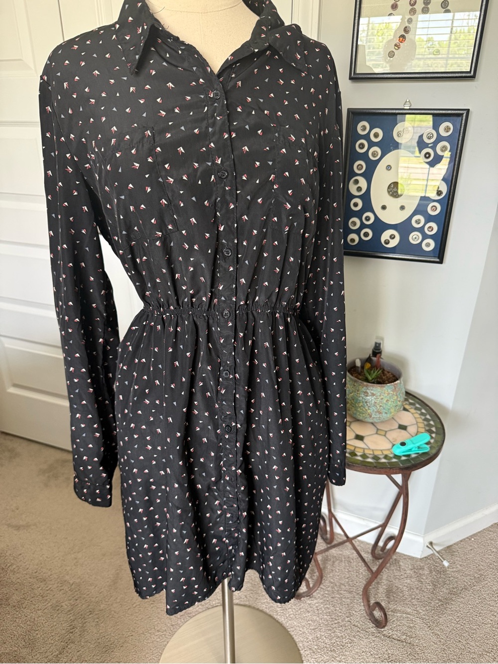 Boutique Button-Front Dress with Pink Micro Print